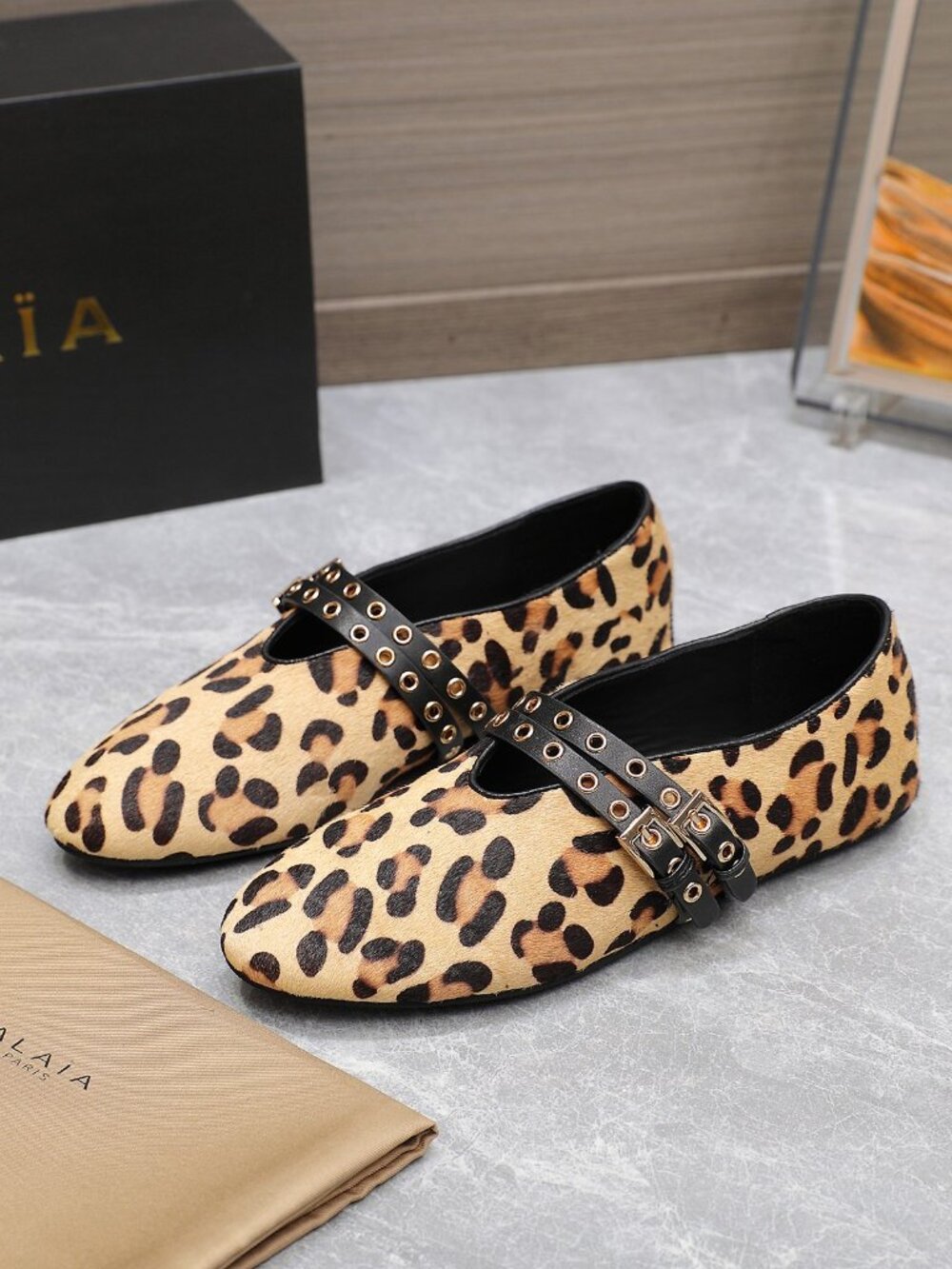 ALAÏA Leopard-Print Calf Hair Double-Buckle Mary Jane Flats - Picture 1 of 8